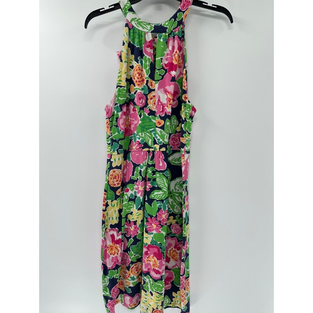 Lilly Pulitzer Laurel Silk Blend Halter Dress Small S Pink Green Floral Bow Back
